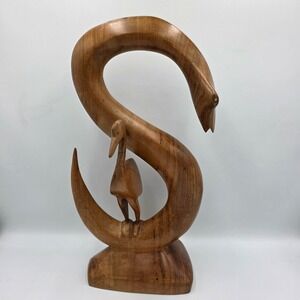 Snake & Crane Hand Carved Glossy Wooden Figurine Sculpture MCM Style Art Decor